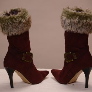 Burgundy faux fur trim, faux suede ankle boots